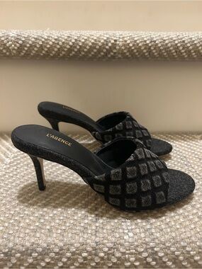 L'AGENCE Black Check-Textured Open-Toe Denim Heeled Mules
